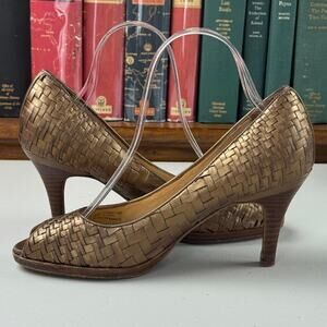 Cole Haan Peep Toe Woven Leather Bronze Air Sole Classic Pumps Heels Sz 9